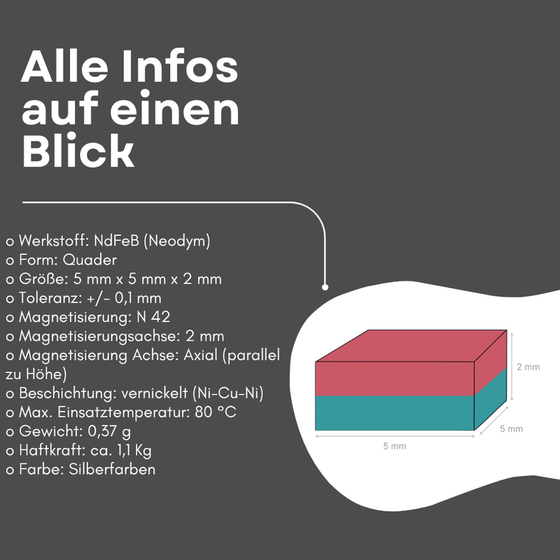 Mini Supermagnet 5x5x2 mm N42 Quadermagnet stark