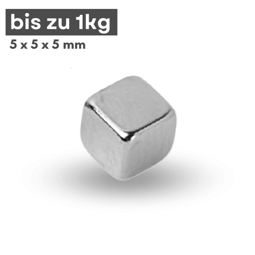 Neodym Würfelmagnet 5x5x5 mm N38, Mini-Supermagnet mit 1 kg Haftkraft, vernickelt