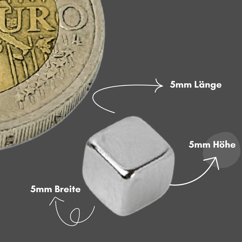 Neodym Magnetwürfel 5x5x5 mm, 1 kg Haftkraft, 80°C max. Temperatur, silberfarben