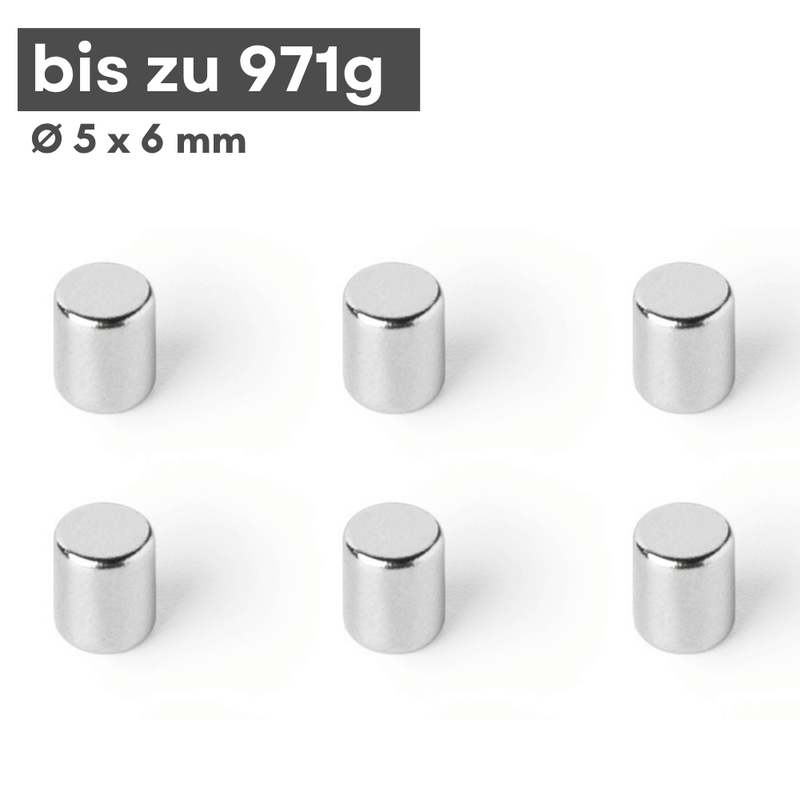 Neodym Scheibenmagnet 5x6 mm N42 – silberfarben, Haftkraft ca. 971 g