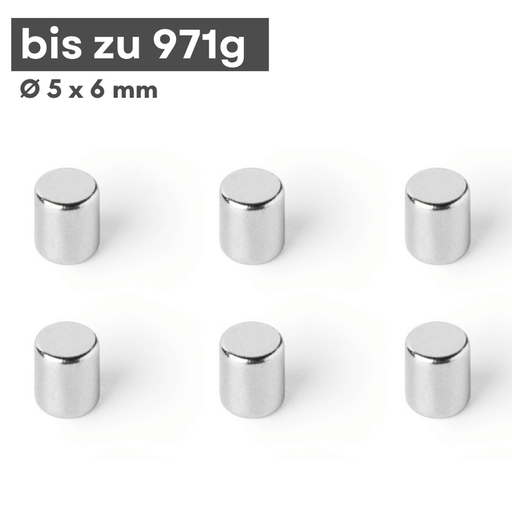 Neodym Scheibenmagnet 5x6 mm N42 – silberfarben, Haftkraft ca. 971 g