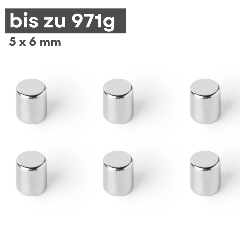 Neodym Magnet Ø 5mm x 6mm - Starker Scheibenmagnet - N42 Supermagnet - Hohe Haftkraft bis 971g