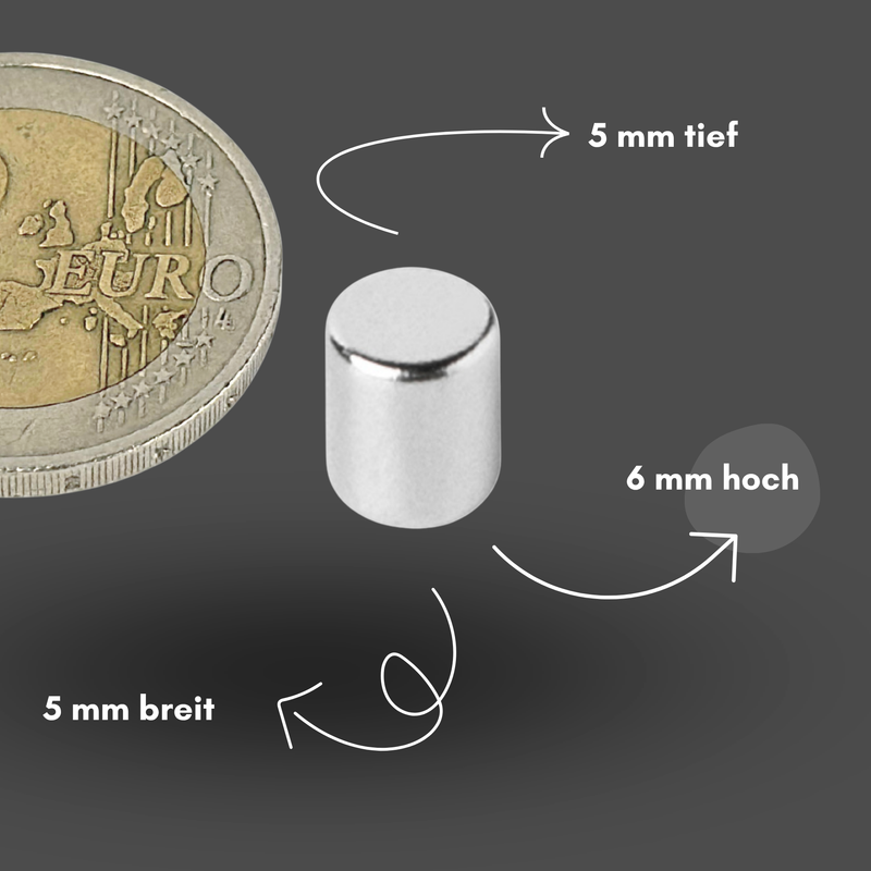 Neodym Magnet Ø 5mm x 6mm - Starker Scheibenmagnet - N42 Supermagnet - Hohe Haftkraft bis 971g