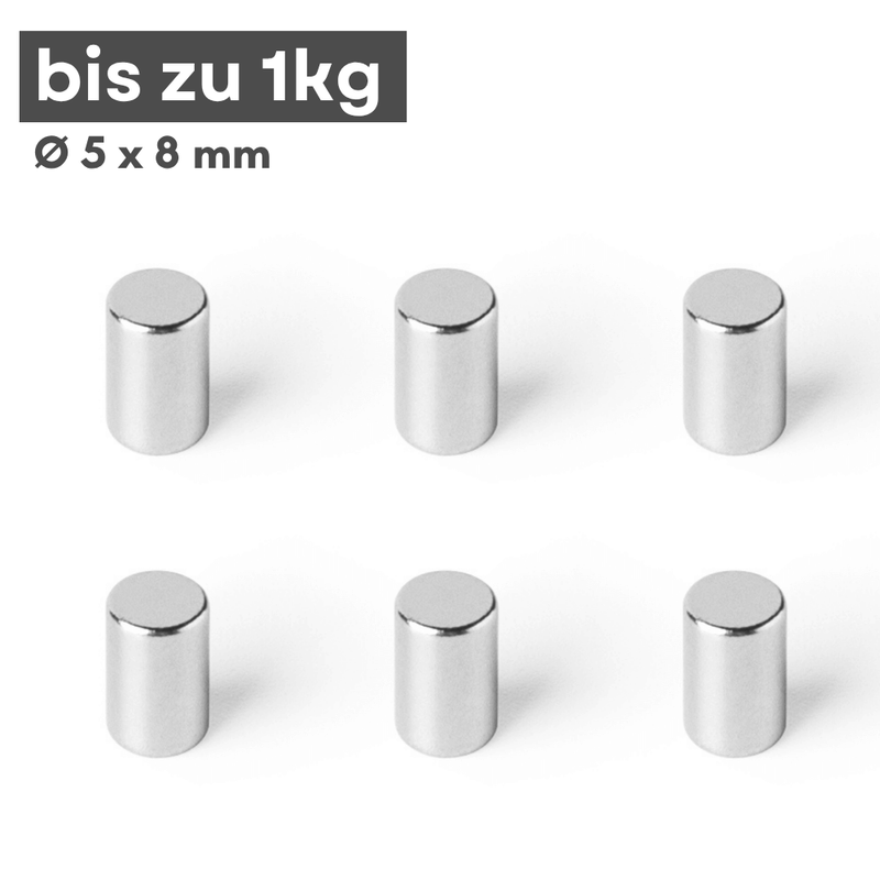 Neodym Scheibenmagnet 5x8 mm N42 – silberfarben, Haftkraft ca. 1 kg