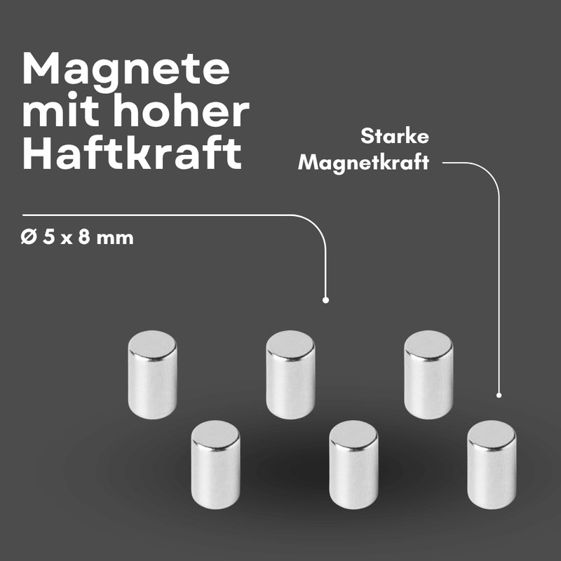 Supermagnet 5x8 mm – kompakt, N42, Ni-Cu-Ni beschichtet