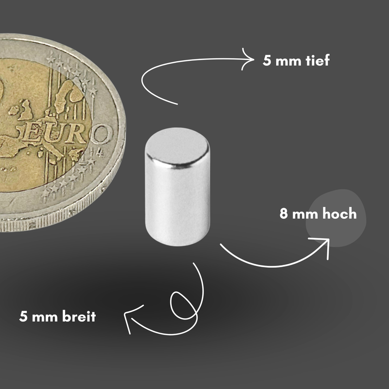 Neodym Magnet Ø 5mm x 8mm - Starker Scheibenmagnet - N42 Supermagnet - Hohe Haftkraft bis 1kg