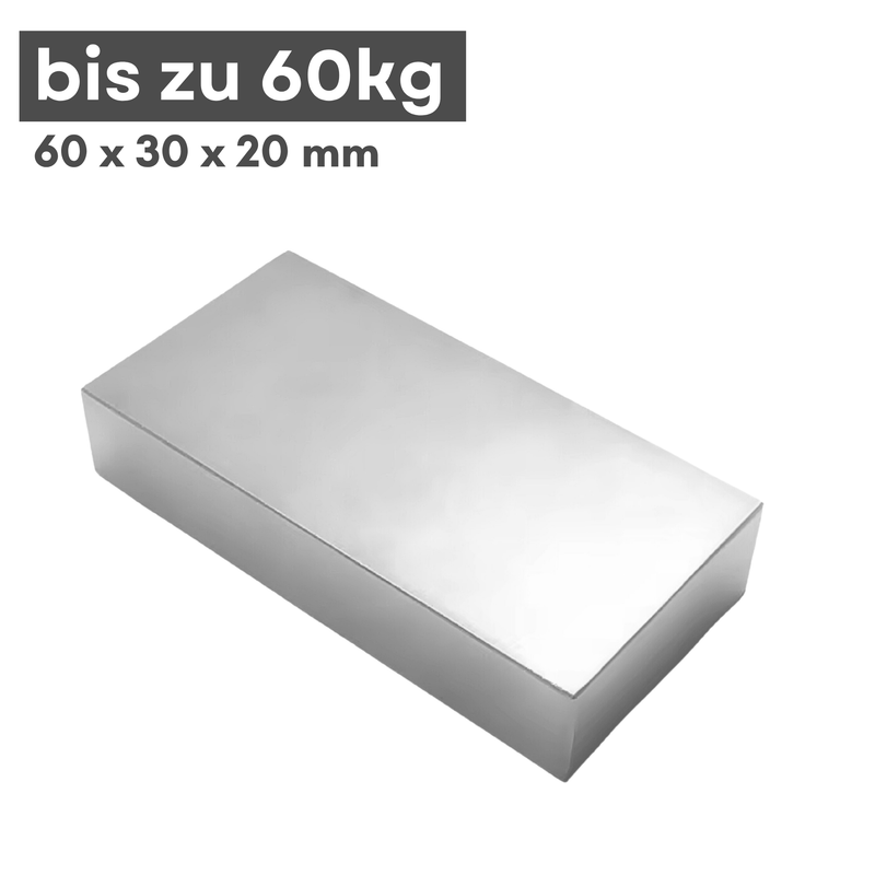 Neodym Magnet 60mm x 30mm x 20mm - N38 Supermagnet - Quadermagnete - Hohe Haftkraft bis 60kg