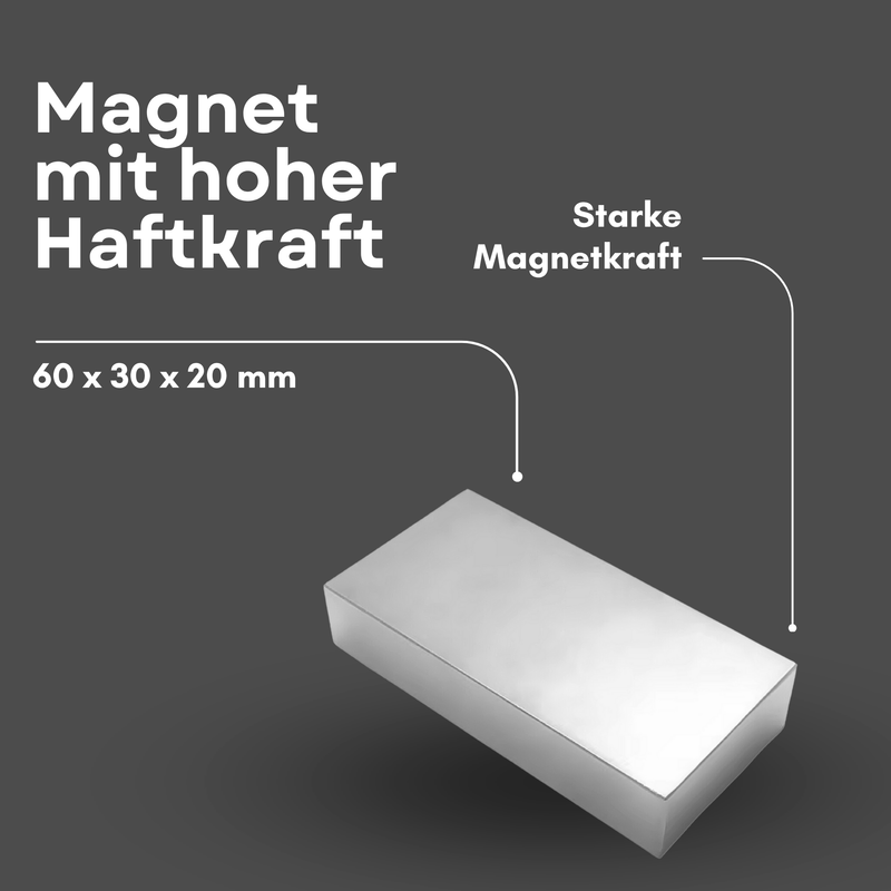 Neodym Magnet 60mm x 30mm x 20mm - N38 Supermagnet - Quadermagnete - Hohe Haftkraft bis 60kg