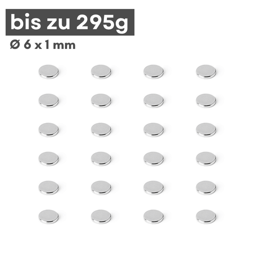 Neodym Scheibenmagnet 6x1 mm N42 – silberfarben, Haftkraft ca. 295 g
