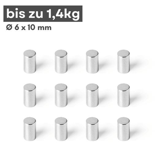 Neodym Scheibenmagnet 6x10 mm N42 – silberfarben, Haftkraft ca. 1,4 kg