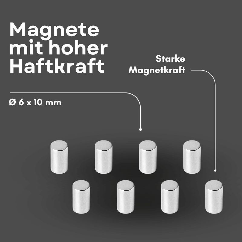 Supermagnet 6x10 mm – kompakt, N42, Ni-Cu-Ni beschichtet