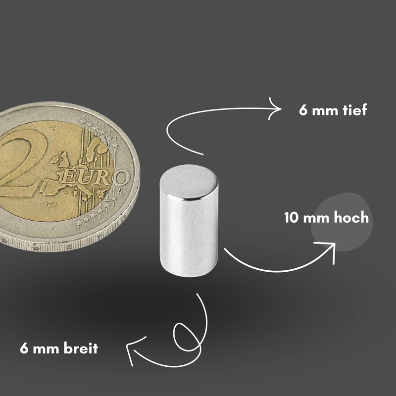 Neodym Magnet Ø 6mm x 10mm - Starker Scheibenmagnet - N42 Supermagnet - Hohe Haftkraft bis 1,4kg