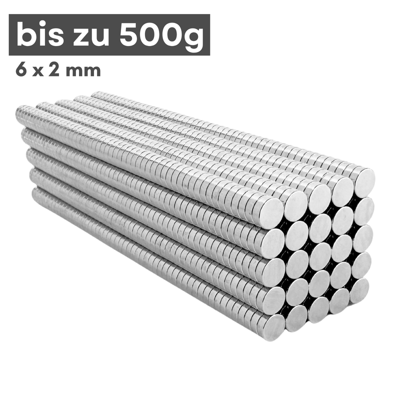 Neodym Magnet Ø 6mm x 2mm - Starker Scheibenmagnet - N38 Supermagnet - Hohe Haftkraft bis 500g