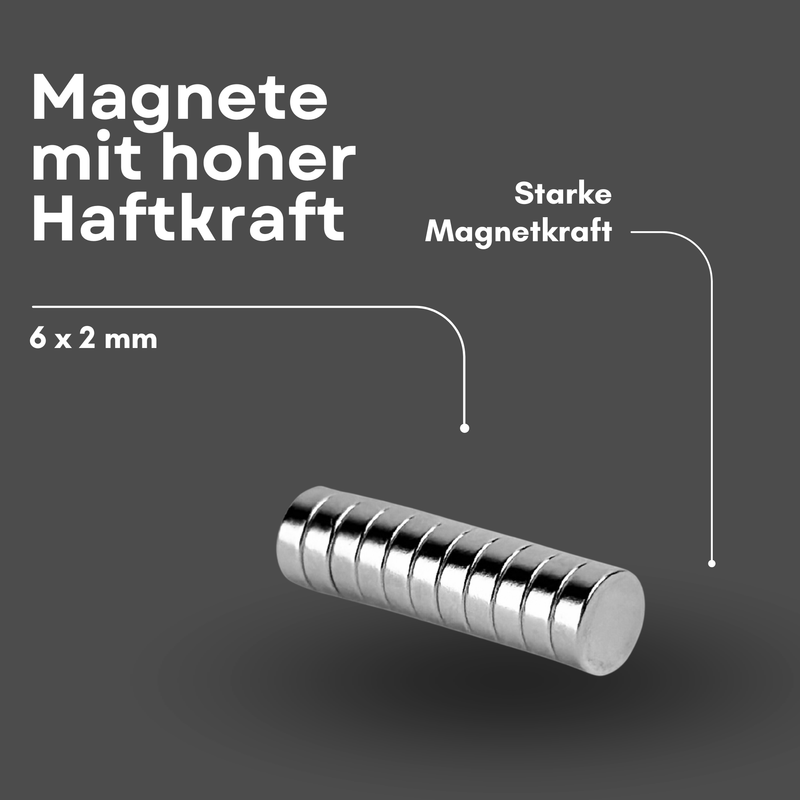 Neodym Magnet Ø 6mm x 2mm - Starker Scheibenmagnet - N38 Supermagnet - Hohe Haftkraft bis 500g