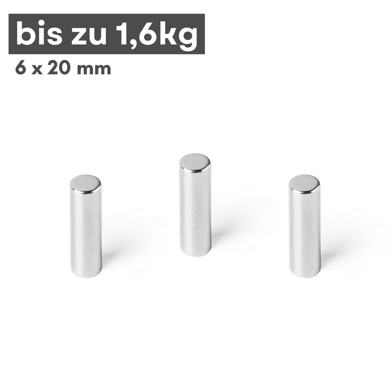 Neodym Magnet Ø 6mm x 20mm - Starker Scheibenmagnet - N42 Supermagnet - Hohe Haftkraft bis 1,6kg