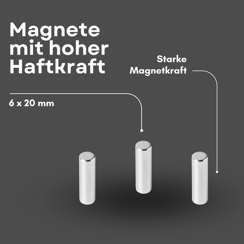Neodym Magnet Ø 6mm x 20mm - Starker Scheibenmagnet - N42 Supermagnet - Hohe Haftkraft bis 1,6kg