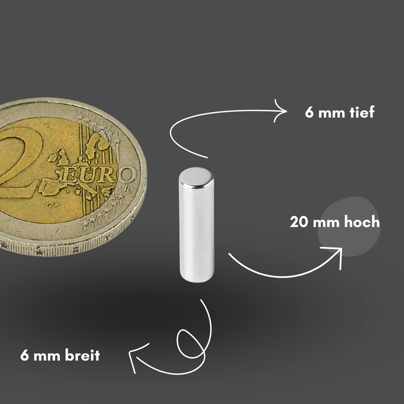 Neodym Magnet Ø 6mm x 20mm - Starker Scheibenmagnet - N42 Supermagnet - Hohe Haftkraft bis 1,6kg