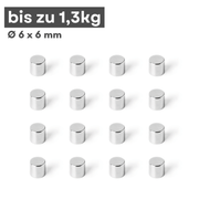 Neodym Scheibenmagnet 6x6 mm N42 – silberfarben, Haftkraft ca. 1,3 kg