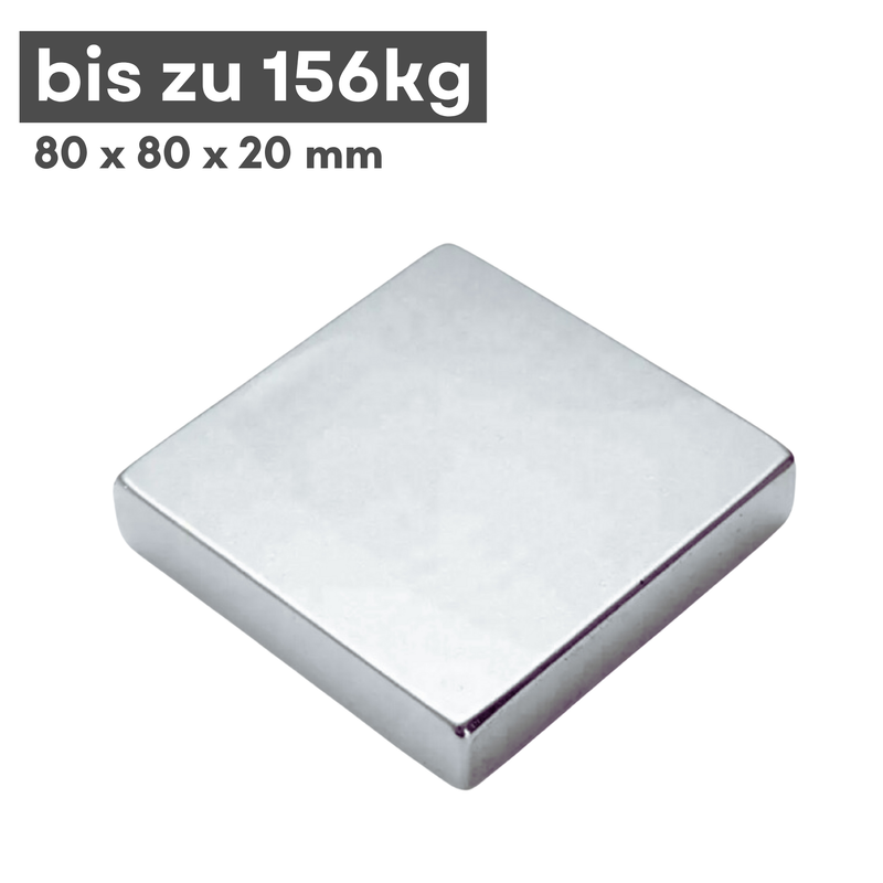 Neodym Magnet 80mm x 80mm x 20mm - N38 Supermagnet - Quadermagnete - Hohe Haftkraft bis 159kg