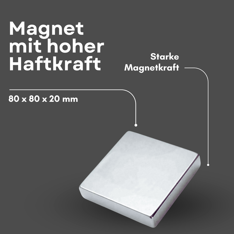 Neodym Magnet 80mm x 80mm x 20mm - N38 Supermagnet - Quadermagnete - Hohe Haftkraft bis 159kg