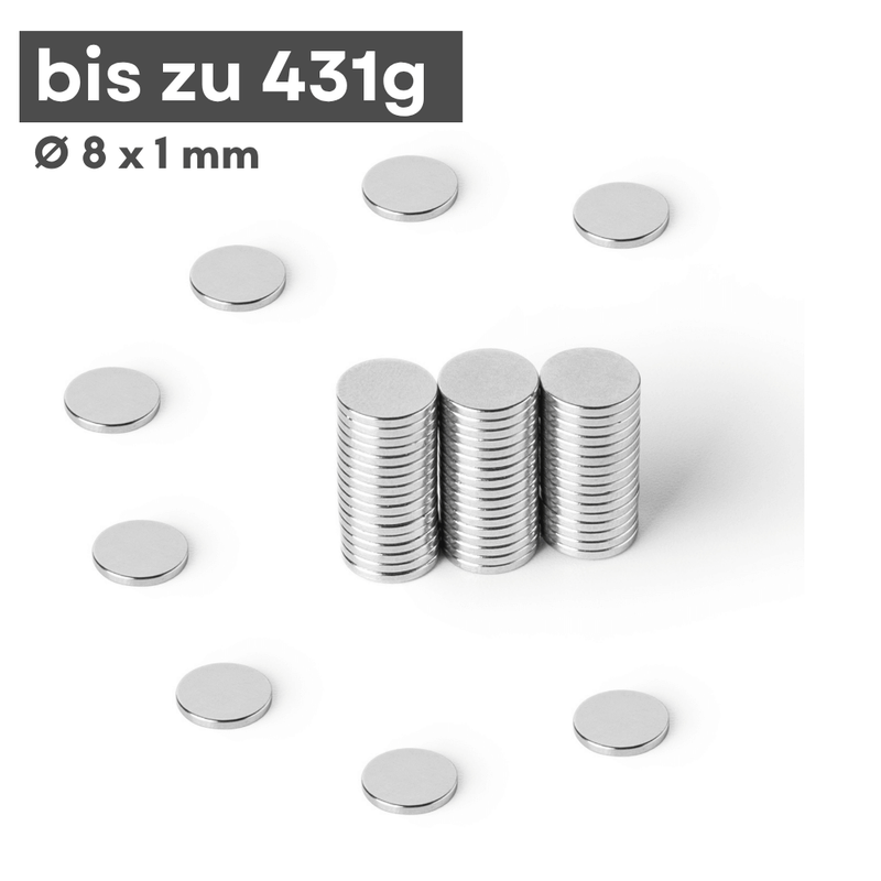 Neodym Scheibenmagnet 8x1 mm N42 – silberfarben, Haftkraft ca. 431 g
