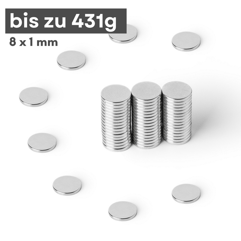 Neodym Magnet Ø 8mm x 1mm - Starker Scheibenmagnet - N42 Supermagnet - Hohe Haftkraft bis 431g