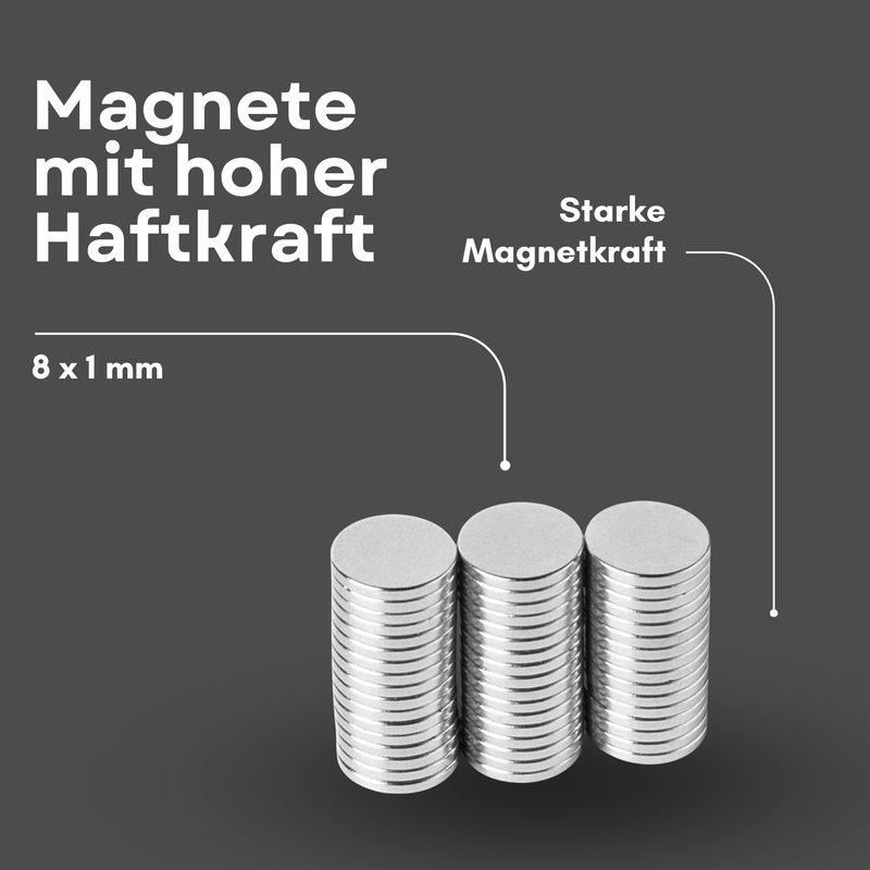 Neodym Magnet Ø 8mm x 1mm - Starker Scheibenmagnet - N42 Supermagnet - Hohe Haftkraft bis 431g