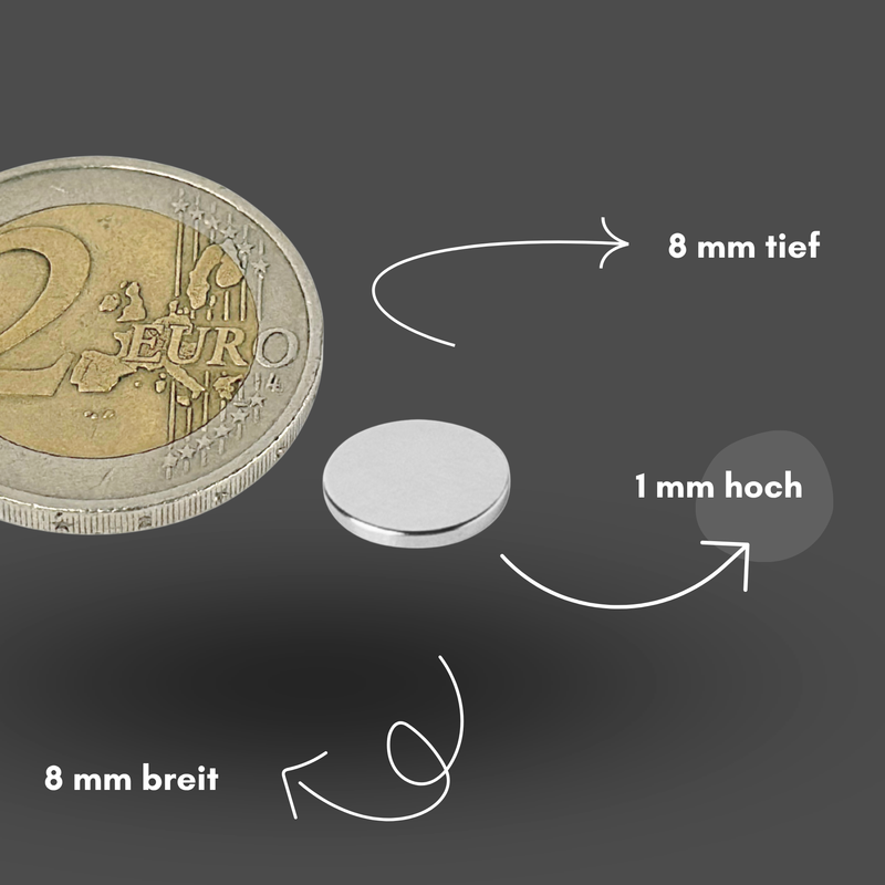 Neodym Magnet Ø 8mm x 1mm - Starker Scheibenmagnet - N42 Supermagnet - Hohe Haftkraft bis 431g
