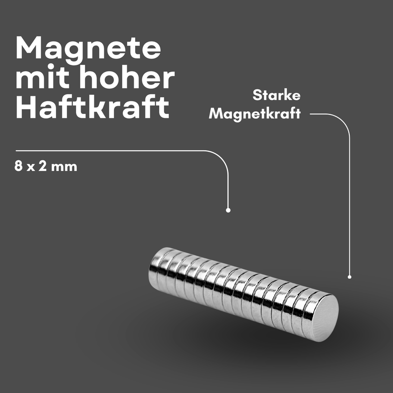 Neodym Magnet Ø 8mm x 2mm - Starker Scheibenmagnet - N38  Supermagnet - Hohe Haftkraft bis 800g