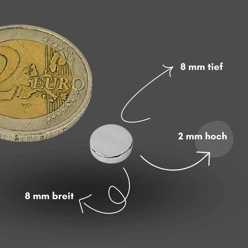 Neodym Magnet Ø 8mm x 2mm - Starker Scheibenmagnet - N38  Supermagnet - Hohe Haftkraft bis 800g