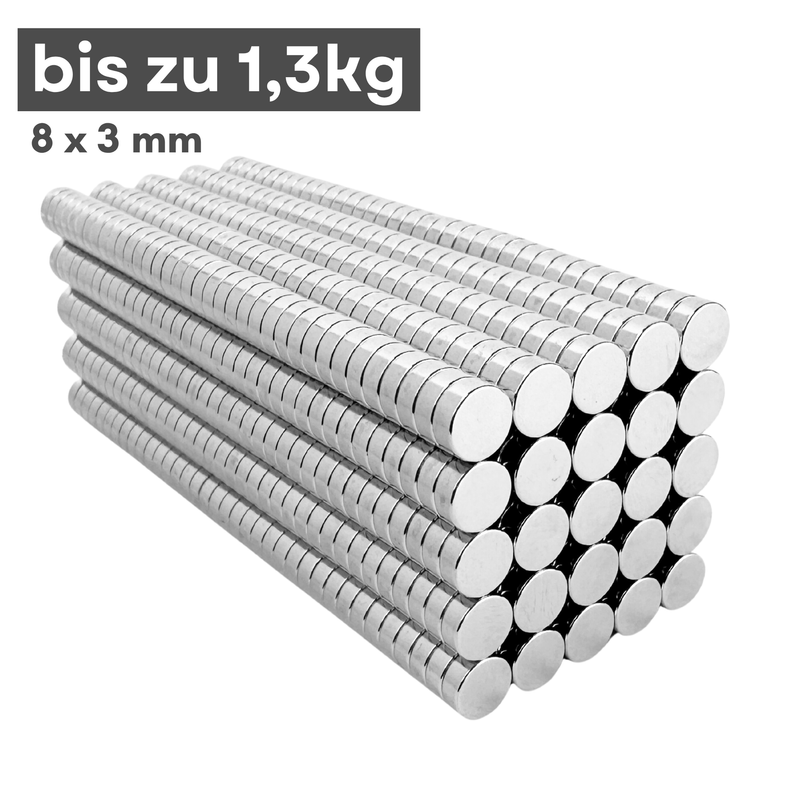 Neodym Magnet Ø 8mm x 3mm - Starker Scheibenmagnet - N38 Supermagnet - Hohe Haftkraft bis 1,3kg