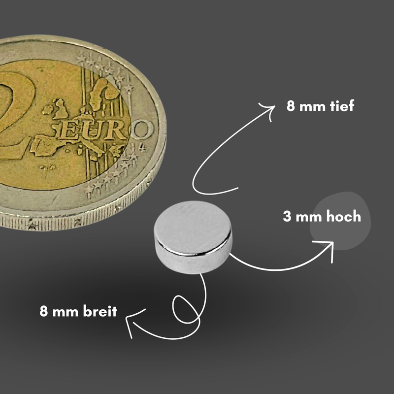 Neodym Magnet Ø 8mm x 3mm - Starker Scheibenmagnet - N38 Supermagnet - Hohe Haftkraft bis 1,3kg