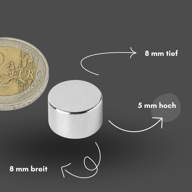 Neodym Magnet Ø 8mm x 5mm - Starker Scheibenmagnet - N42 Supermagnet - Hohe Haftkraft bis 2kg