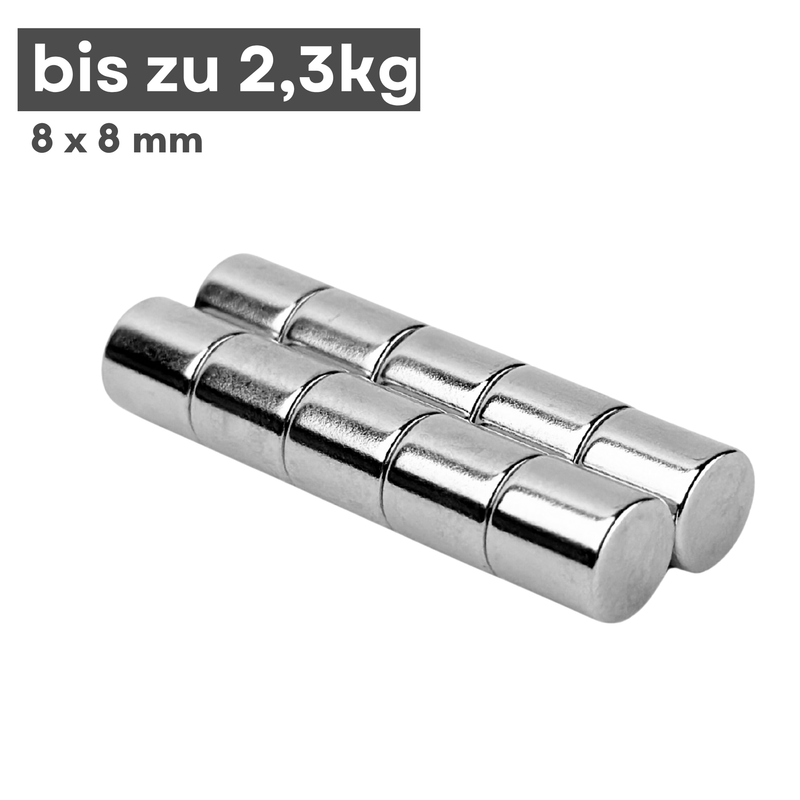 Neodym Magnet Ø 8mm x 8mm - Starker Scheibenmagnet - N38 Supermagnet - Hohe Haftkraft bis 2,3kg