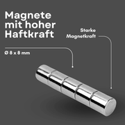 Silberner NdFeB Magnet Ø 8 mm x 8 mm mit ca. 2,3 kg Haftkraft