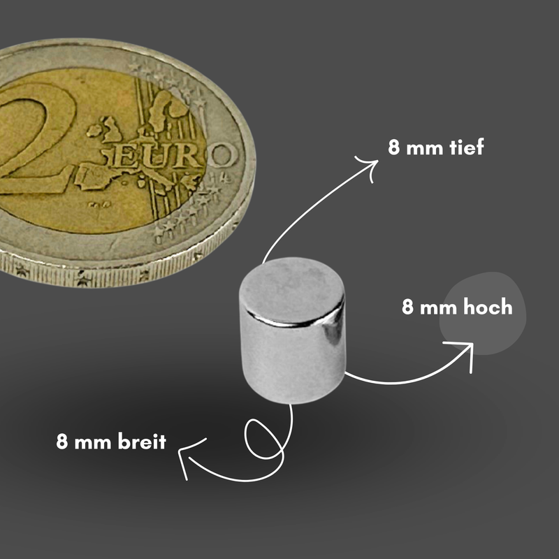 Neodym Magnet Ø 8mm x 8mm - Starker Scheibenmagnet - N38 Supermagnet - Hohe Haftkraft bis 2,3kg