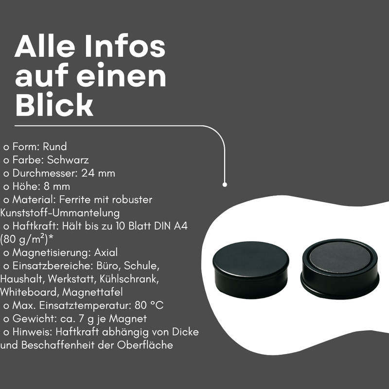 Magnet für Kühlschrank und Whiteboard 24 mm schwarz stark haftend