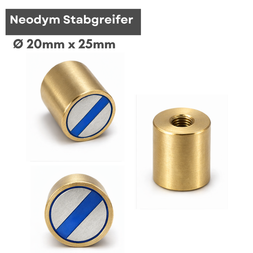 Neodym Stabgreifer Ø 20 x 25 mm mit massivem Messinggehäuse und M6 Innengewinde, goldfarben