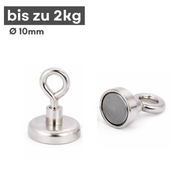 Angelmagnet Neodym D10 mm mit Öse, Zugkraft 2 kg, M3 Gewinde