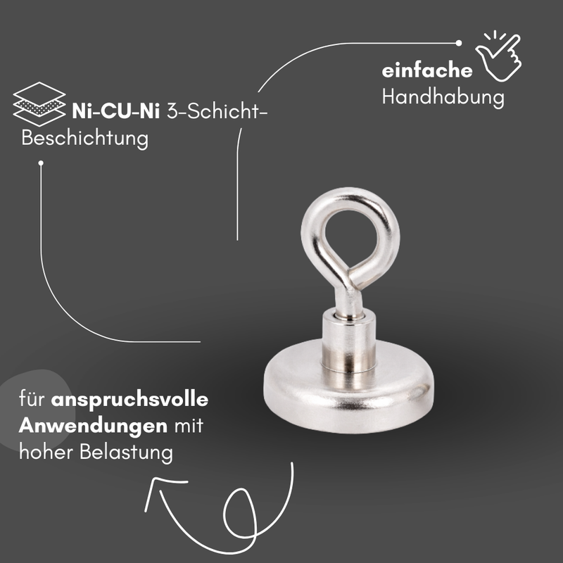 Neodym Angelmagnet D12 mm Öse, ideal für Magnetangeln, 4 kg Zugkraft