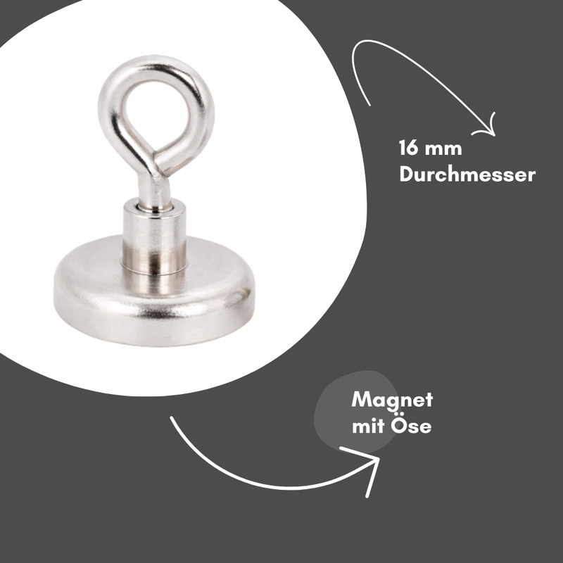 Neodym Angelmagnet D16 mm Öse, ideal für Magnetangeln, 7 kg Zugkraft