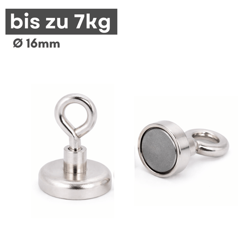 Angelmagnet Neodym D16 mm mit Öse, Zugkraft 7 kg, M4 Gewinde