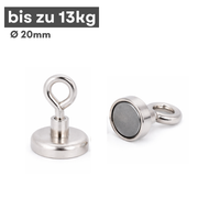 Angelmagnet Neodym 20 mm mit Öse, Zugkraft 13 kg, M4 Gewinde