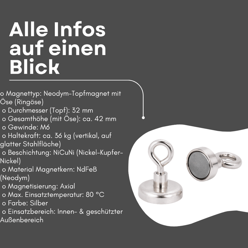 Starker Neodym-Magnet mit Öse 32 mm, zieht bis 36 kg
