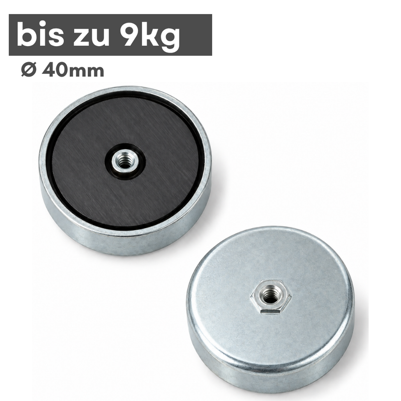 Ferrit Magnet Topfmagnet Ø 40 x 8 mm M4 Gewinde – hohe Haftkraft 9 kg, hitzebeständig bis 200 °C