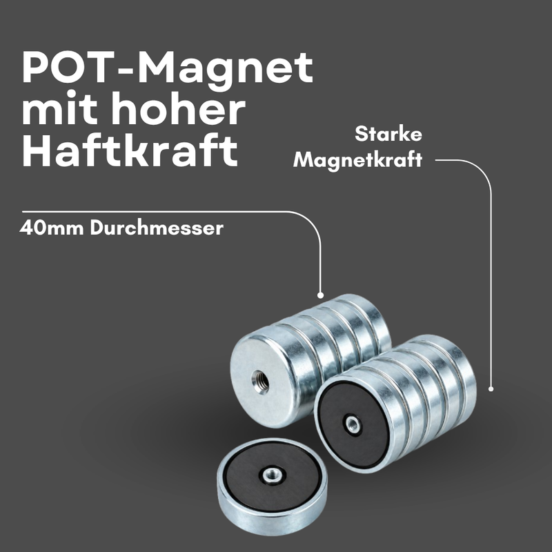 Ferrit Magnet Topfmagnet Ø 40 x 8 mm M4 Gewinde – hohe Haftkraft 9 kg, hitzebeständig bis 200 °C