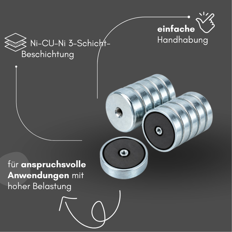 Ferrit Magnet Topfmagnet Ø 40 x 8 mm M4 Gewinde – hohe Haftkraft 9 kg, hitzebeständig bis 200 °C