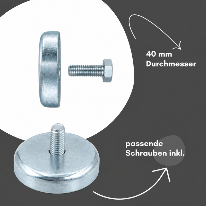 Ferrit Magnet Topfmagnet Ø 40 x 8 mm M4 Gewinde – hohe Haftkraft 9 kg, hitzebeständig bis 200 °C
