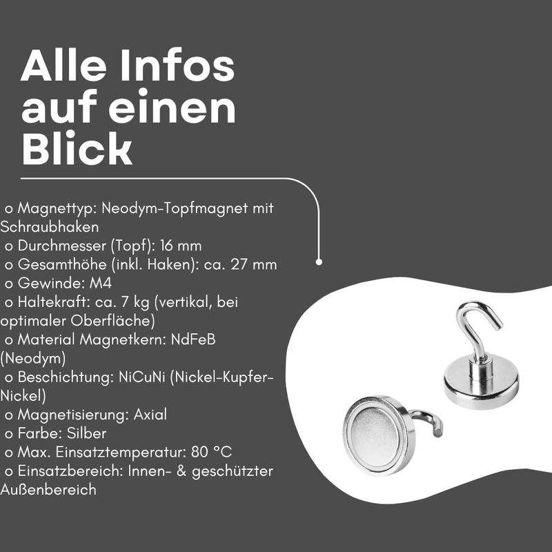 Topfmagnet mit Haken, D=42 mm, H=9 mm, vernickelt, Grade N35, Gewinde M4 Topfmagnet mit Haken, D=42 mm, H=9 mm, vernickelt, Grade N35, Gewinde M4