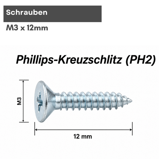 Technische Zeichnung der Schraube M3x12mm mit Phillips-Kreuzschlitz PH2 und Maßangaben
